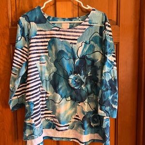 Chico’s shades of Blue 3/4 sleeve top. size 3. Floral and stripes.